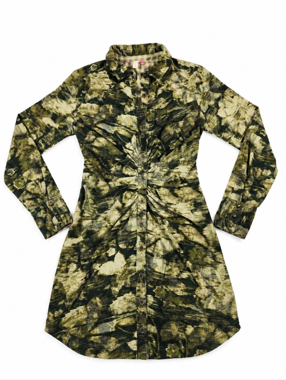 Pilcro Olive and Black Tie-Dye Ruched Button-Front Mini Dress
